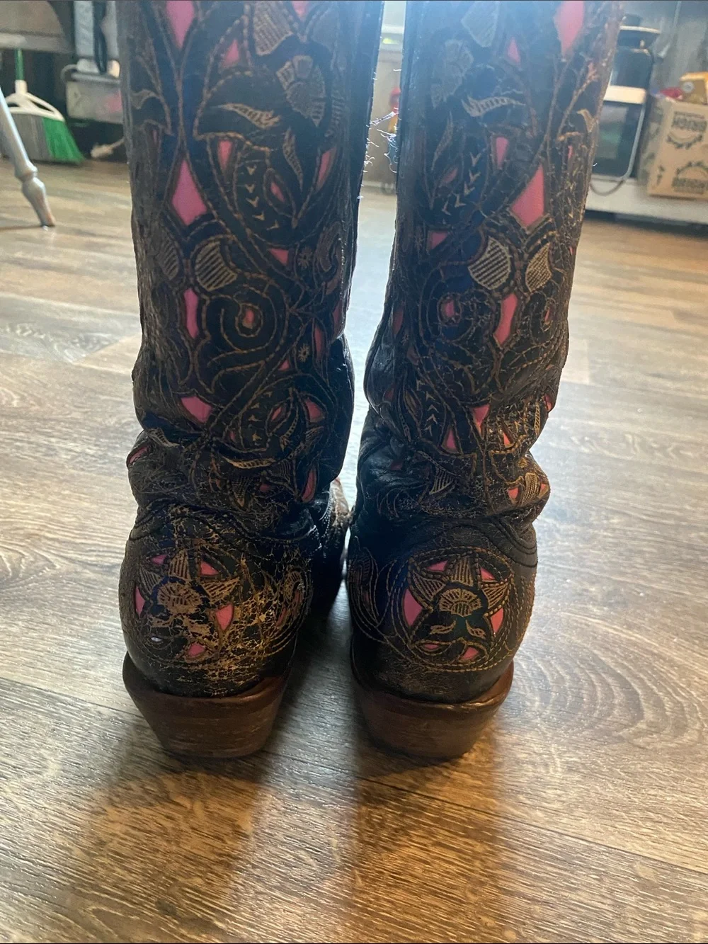 Women's Black Leather Cowboy Boots with Pink Embroidered Insets - Picture 8 of 16